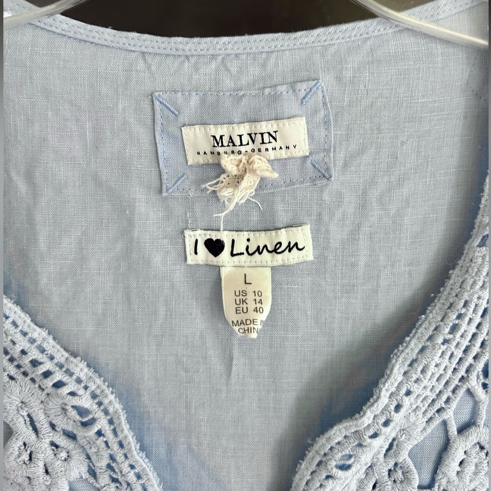 Malvin Hamburg Linen Crochet Blue 3/4 Sleeve Shift Dress Coastal Breathable Sz L - Picture 2 of 9